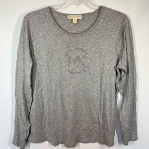 Michael Kors Women's Gray MK Crystal Logo Bling Long Sleeve T-Shirt Size XL
